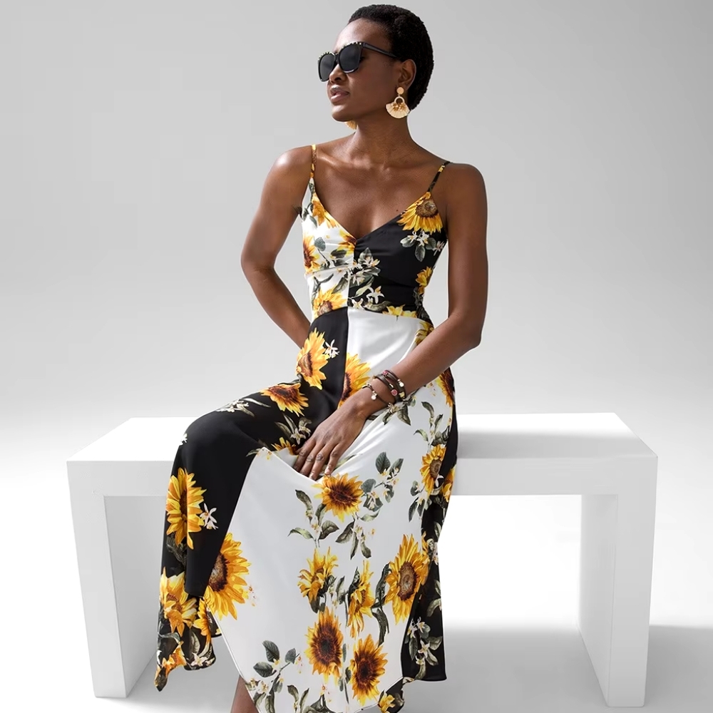 WHBM Asymmetrical Hem Sunflower Midi Dress, Size 00 Petite